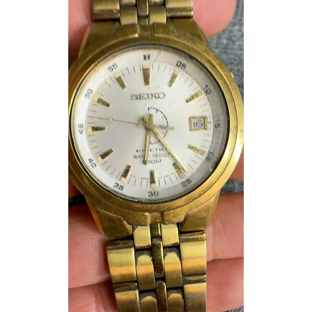 Seiko Kinetic Water Resist 100M Mens Gold Tone Watch 5M42-0L20 White Dial
